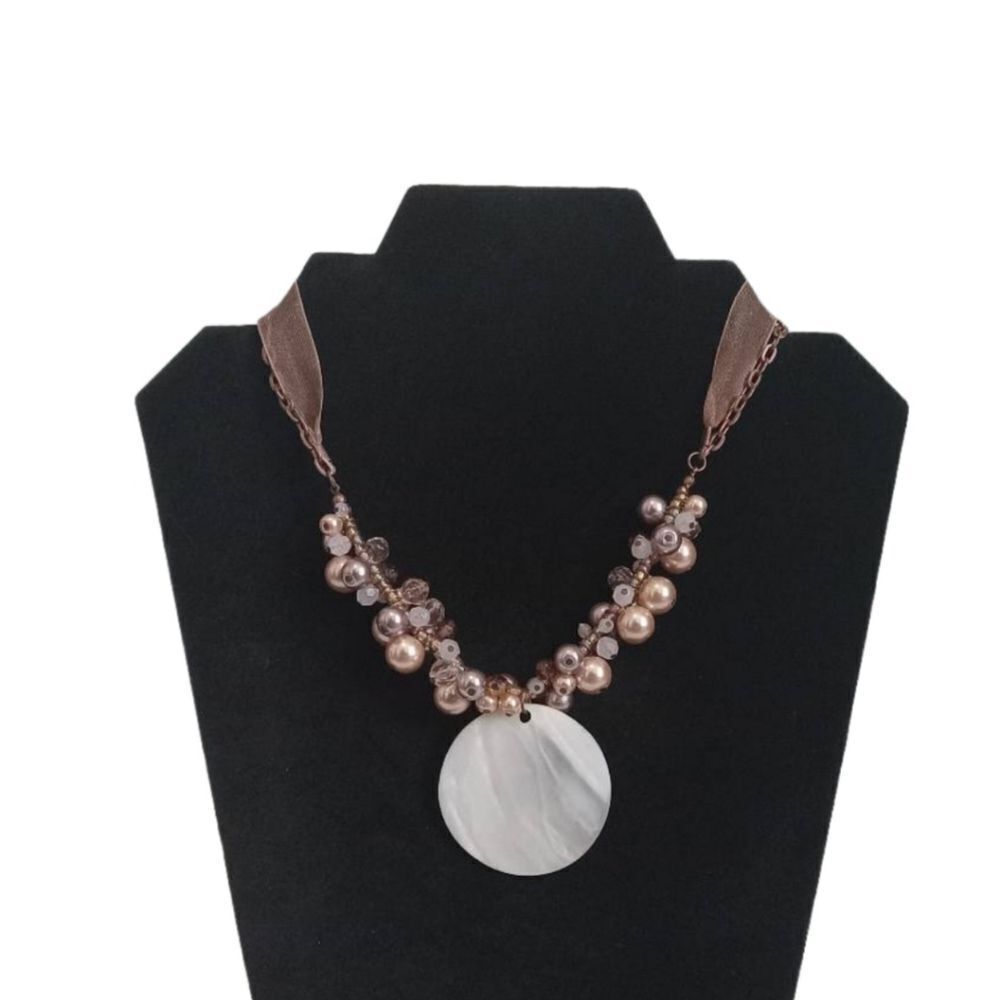 Cookie Lee Brown & Off White Ribbon Chain Double Strand Abalone Pendant Necklace
